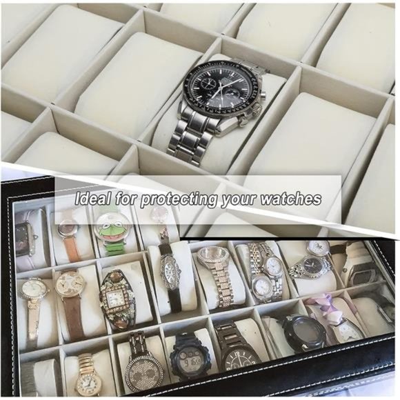 24 Slot Black Leather Watch Box ,Metal Buckle Watch Storage w/ Removable Pillow - Picture 5 of 6